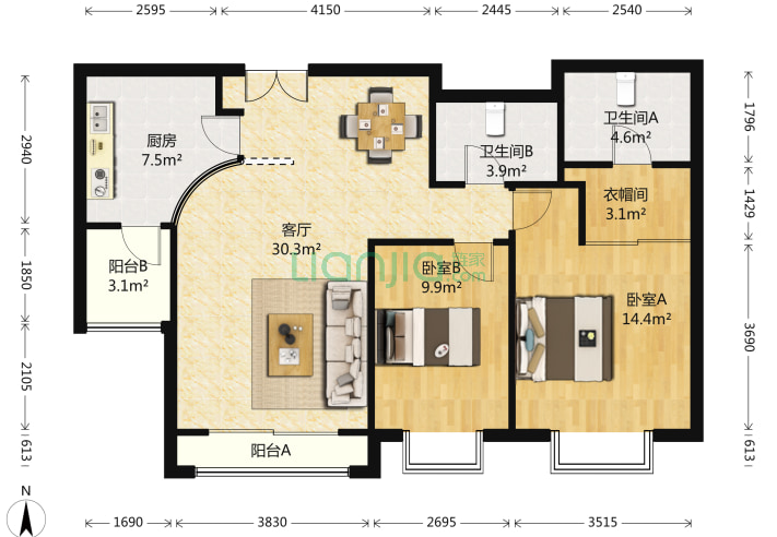2室1厅2卫112.32㎡-北京天鹅湾南区户型图