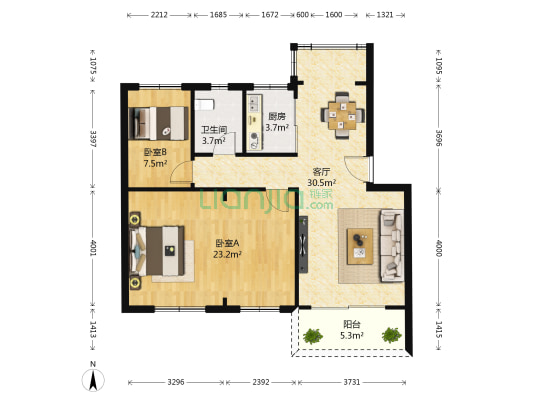 金地海景花园 2室1厅1卫 87平方
