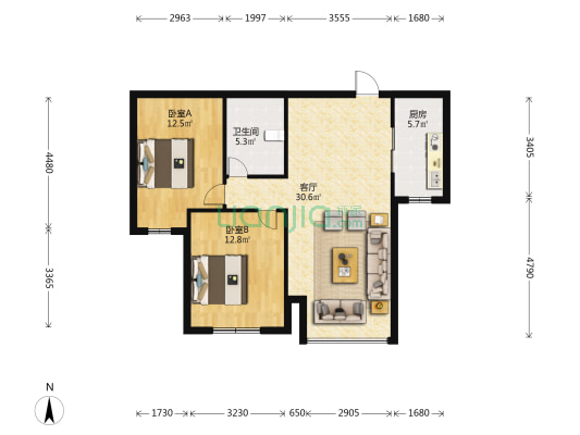 浭阳华府 2室1厅1卫 90平方