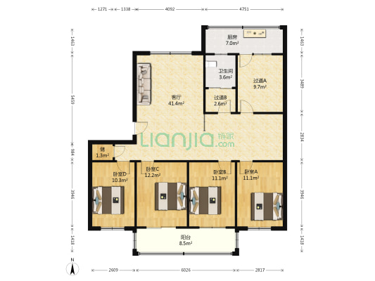 经一路1号院 4室1厅1卫 133平方