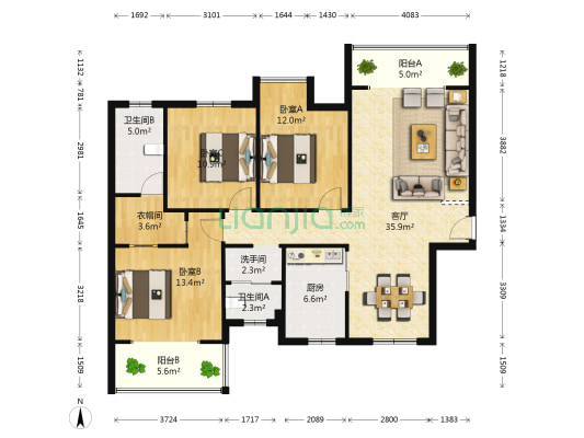 芭蕉湖 · 恒泰雅园 3室1厅3卫 124平方