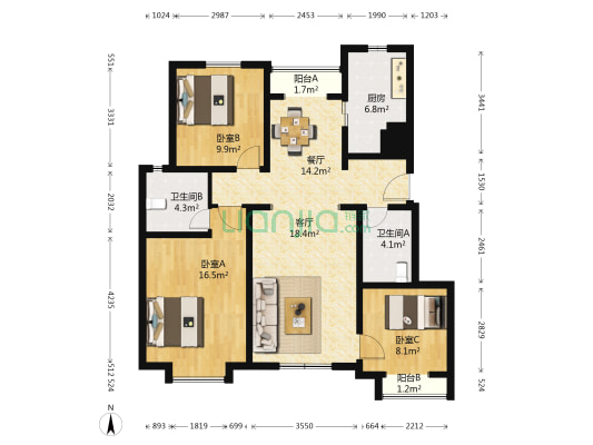 领秀慧谷D区 3室2厅2卫 107平方