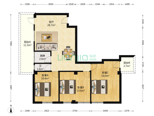 百合苑B区 3室1厅1卫 100平方