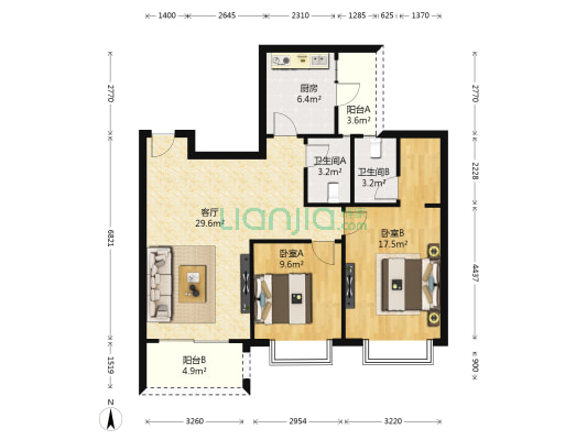 南国公馆 2室1厅2卫 107平方