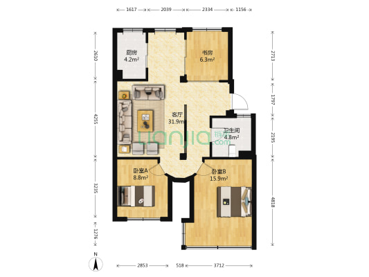 滨江花苑 3室1厅1卫 91平方