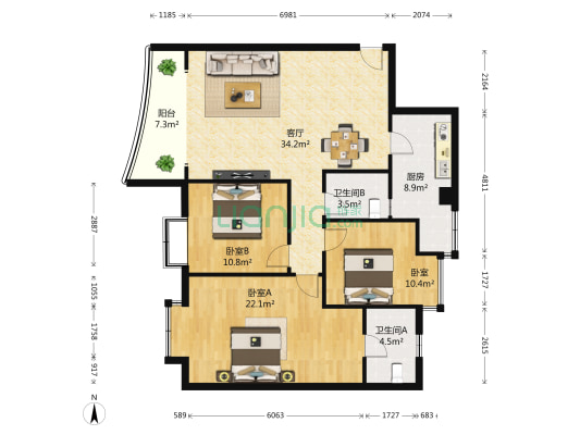 水岸雅居 3室1厅2卫 120平方