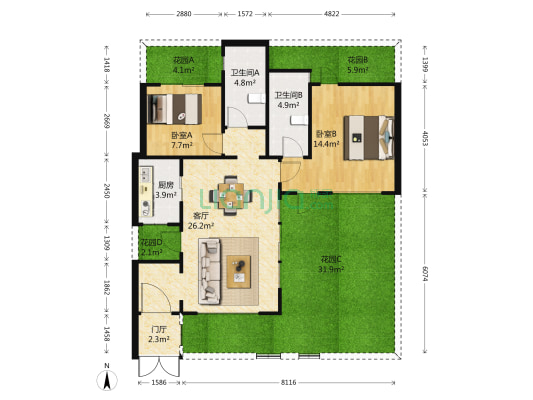 绿城桃李春风 2室1厅2卫 81平方