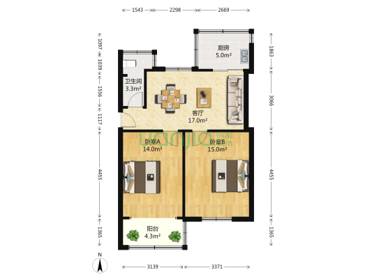 千家街省一保宿舍 2室1厅1卫 67平方