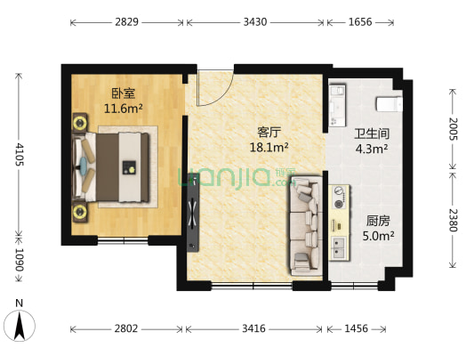 荣鼎康城B区 1室1厅1卫 59平方