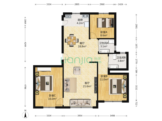 水乡邻里 3室2厅2卫 105平方