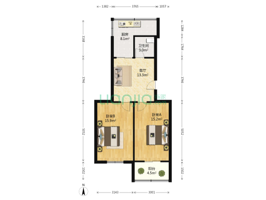 工农兵路99号 2室1厅1卫 67平方