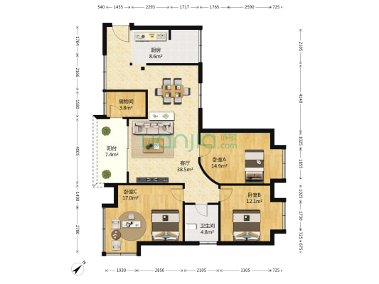 万友七季城A区 3室1厅1卫 123平方