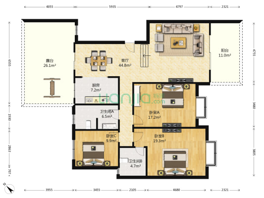 芙蓉名城C区 3室1厅2卫 146平方