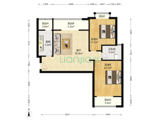 三环新城6号院 2室1厅1卫 100平方