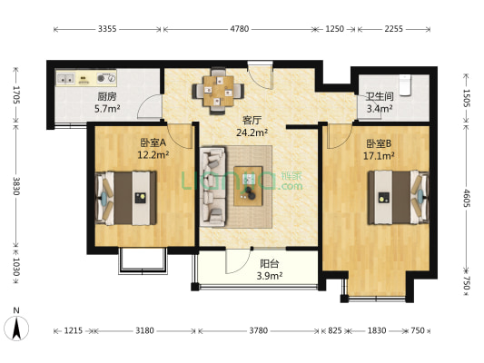 现代逸城 2室1厅1卫 88平方