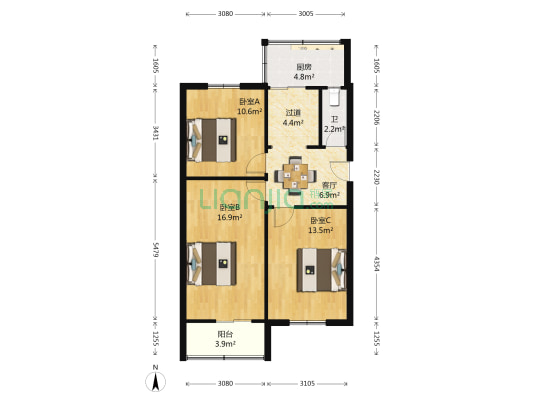 胶鞋厂宿舍 3室1厅1卫 80平方