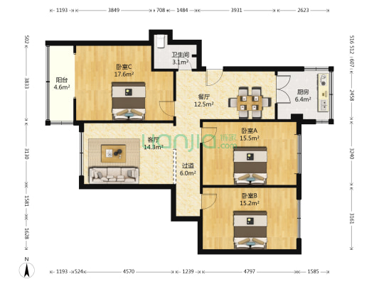 绿云公寓 3室2厅1卫 115平方