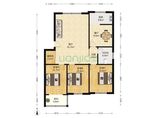 方井园小区 3室2厅1卫 120平方
