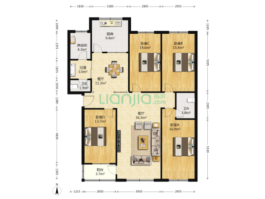 颐园小区 4室2厅3卫 161平方
