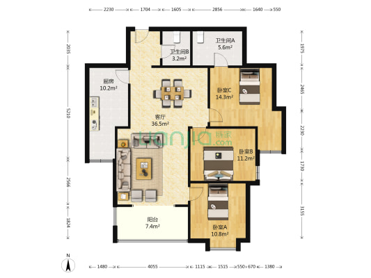 创业公寓 3室1厅2卫 131平方