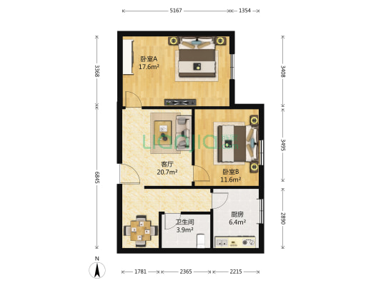 月坛北小街5号院 2室1厅1卫 76平方