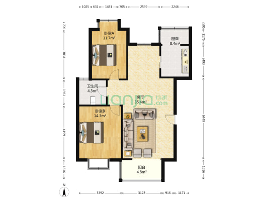 香水湾 2室1厅1卫 104平方