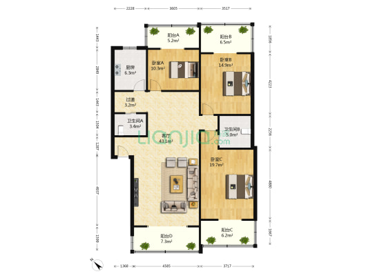 东马道街17号 3室1厅2卫 128平方