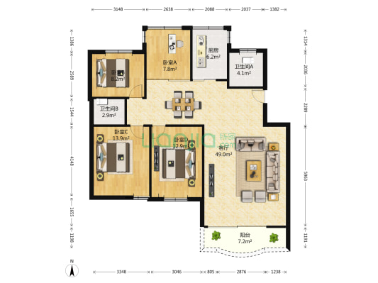 银苑花园 4室1厅2卫 121平方