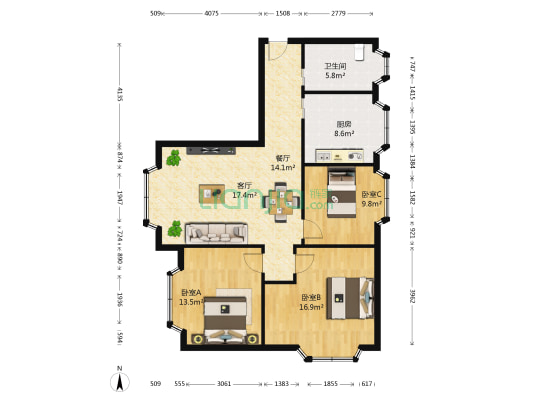 美好商厦 3室2厅1卫 110平方