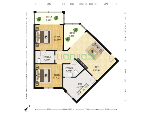 莲花新区北三巷8号 2室1厅2卫 94平方
