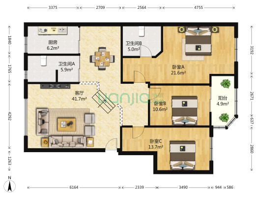 湖北省体育局十八层楼宿舍区 3室1厅2卫 146平方