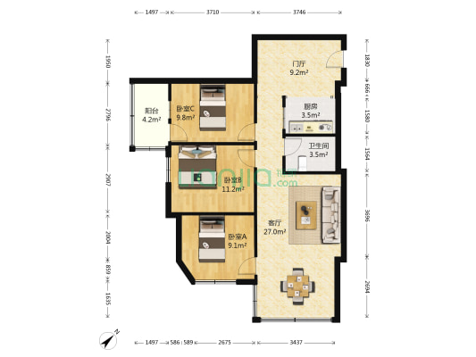 富华大厦 3室1厅1卫 107平方