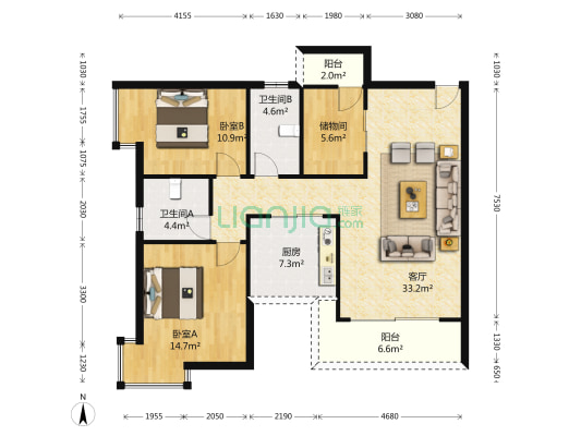 锦上华庭观苑 2室1厅2卫 98平方