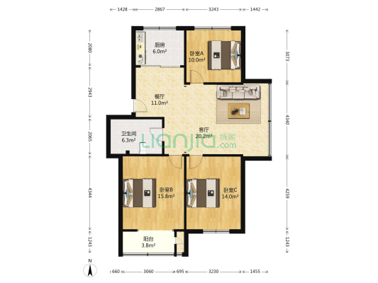 亿达海月公寓 3室2厅1卫 113平方