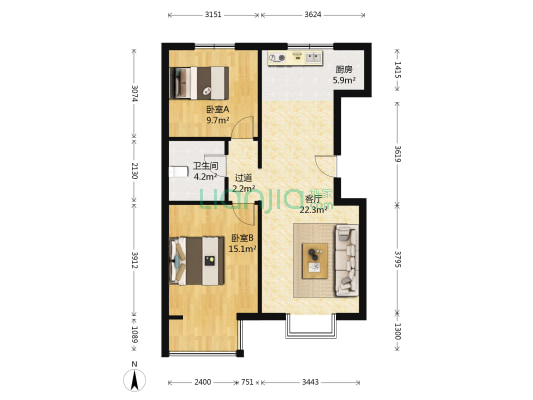 首城汇景湾（金河街108号院） 2室1厅1卫 88平方