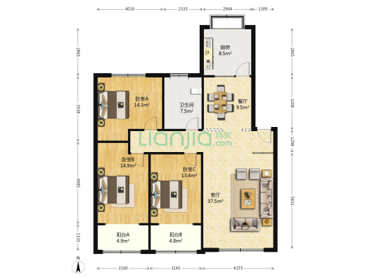 景明街3号院 3室2厅1卫 130平方