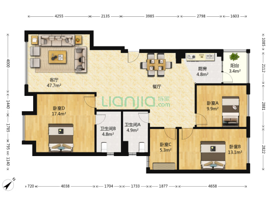 艺术家园区D区 4室1厅2卫 136平方