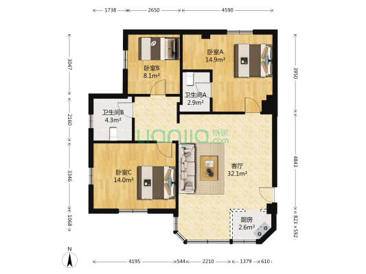 莲泉大厦 3室1厅2卫 97平方