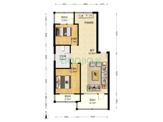 华兴尚园 2室1厅1卫 72平方