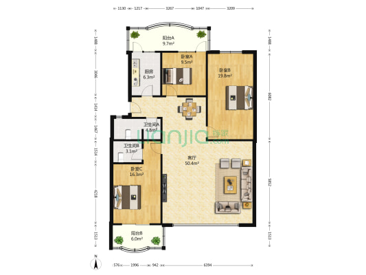 星辉西路1号 3室1厅2卫 139平方