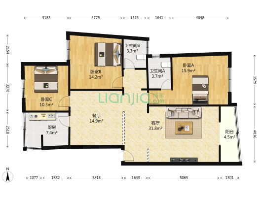 和盛花园 3室2厅2卫 137平方