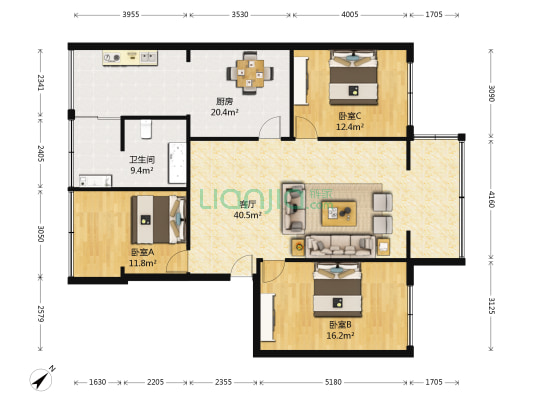 抚琴西路197号 3室1厅1卫 105平方