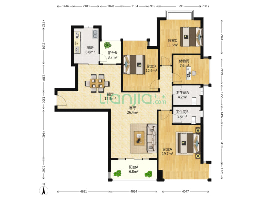 恒大绿洲馨园 3室2厅2卫 164平方