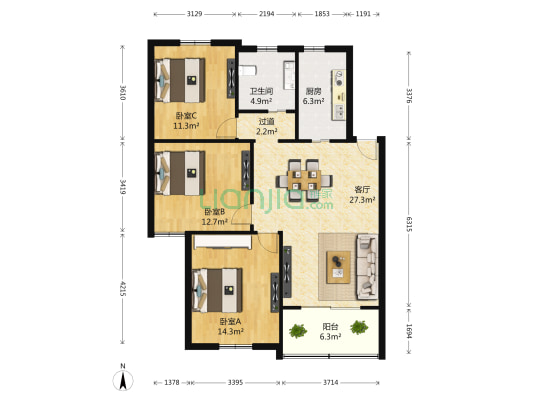 广中苑 3室1厅1卫 105平方