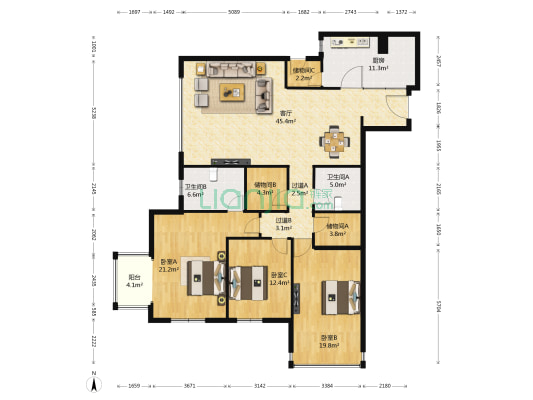 豪柏国际 3室1厅2卫 178平方