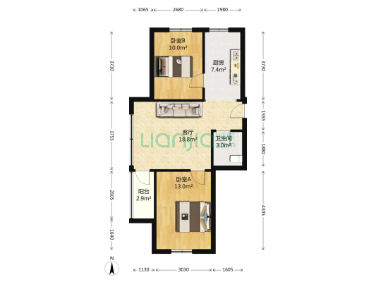 廊桥国际 2室1厅1卫 74平方