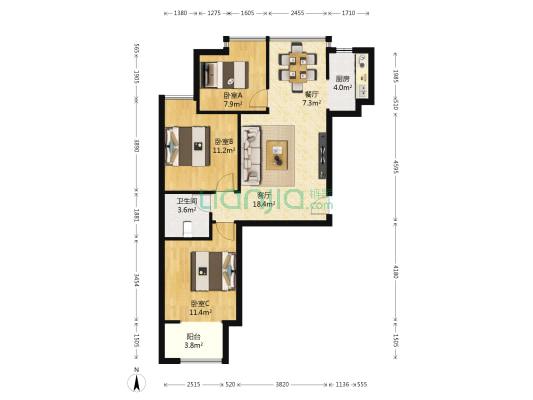 泊岸 3室2厅1卫 98平方