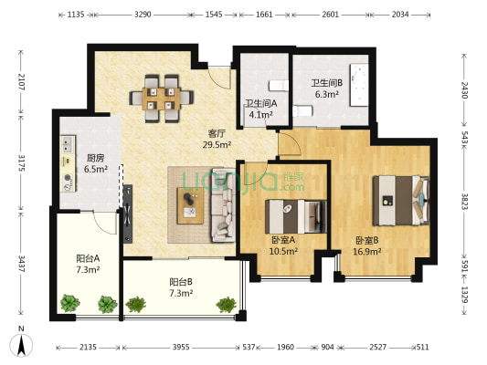 时代豪庭一期 2室1厅2卫 106平方