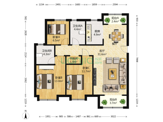 鑫苑世家公馆文鼎苑 3室1厅2卫 119平方