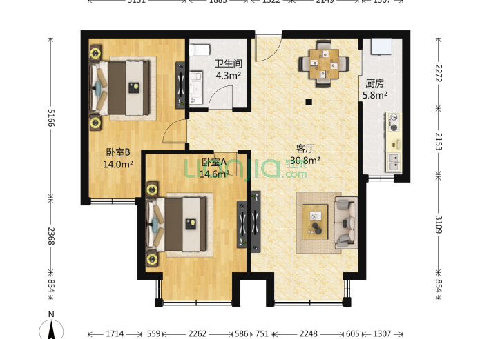 2室1厅1卫99.84㎡-北京中信新城东区户型图